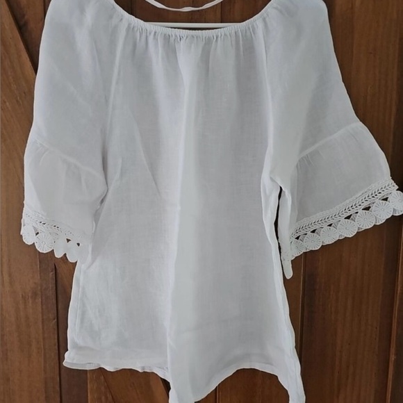Terzo Millennio Women’s Top Medium White Off Shoulder Short Linen Short Sleeve - Picture 2 of 9